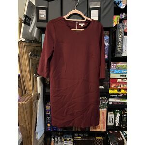 Gap Designed & Crafted Burgundy Shift Dress Size 6 3/4 Sleeve Exposed Zipper